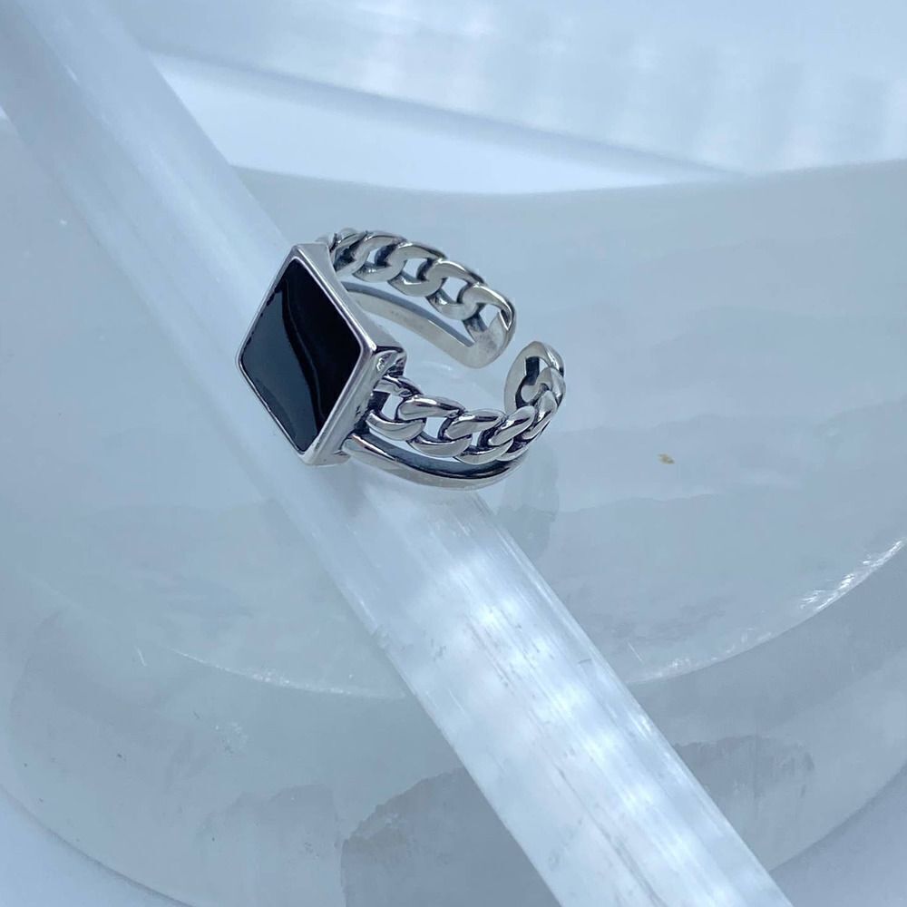 Black Square Enamel Minimalist Sterling Silver Stack Ring